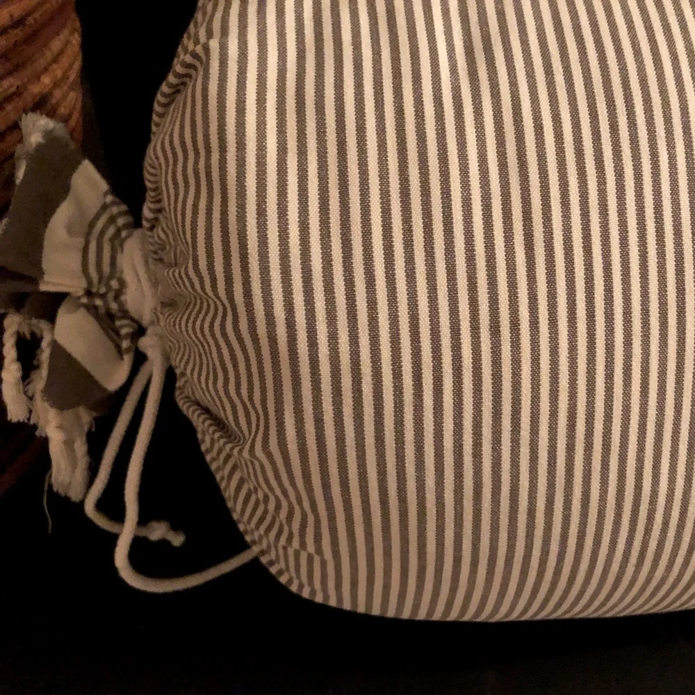West Elm Striped Cotton Round Bolster Pillow Tie Tassle Ends w/Feather Insert
